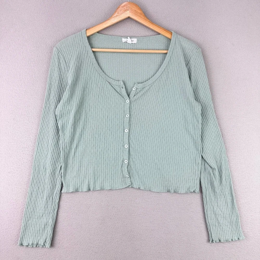 Stitch‎ & Pine Cardigan Shirt Womens L Mint Green Cotton Button front Pointelle
